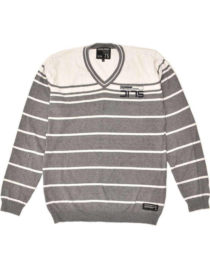 JACK & JONES Mens Slim Fit V-Neck Jumper Sweater XL Grey Striped | Vintage Jack & Jones | Thrift | Second-Hand Jack & Jones | Used Clothing | Messina Hembry 
