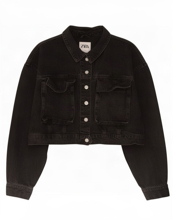 Zara Womens Crop Denim Jacket UK 16 Large Black Bomuld