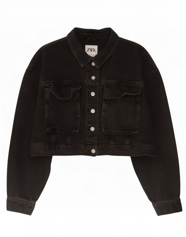 Zara Womens Crop Denim Jacket UK 16 Large Black Bomuld