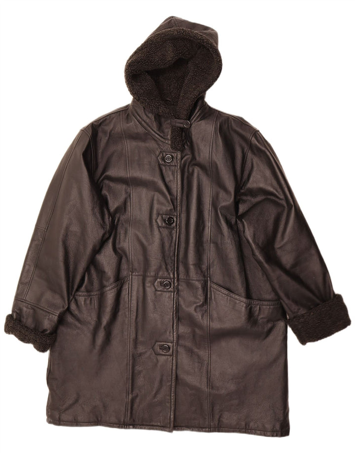 Moderne Klassikere Dame Hætte Læderfrakke UK 22 3XL Sort Læder