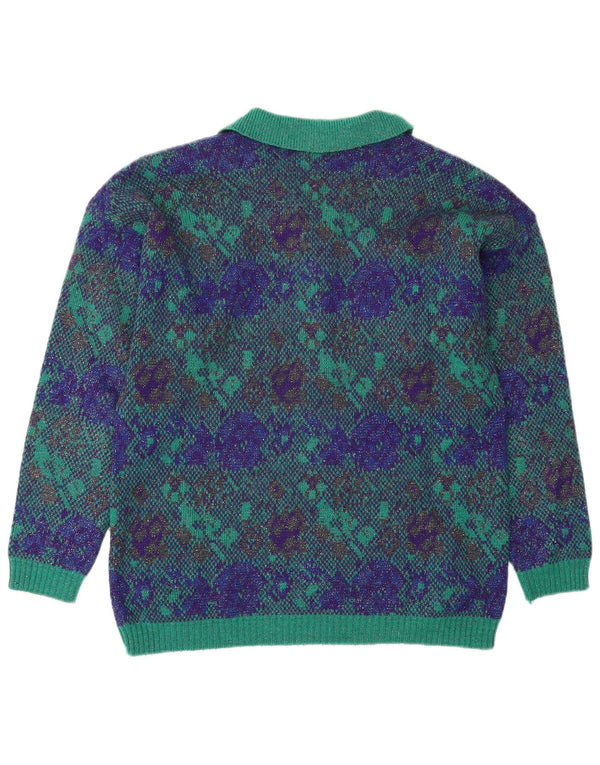 Vintage Dame Polo Neck Jumper Sweater EU 40 Medium Green Floral
