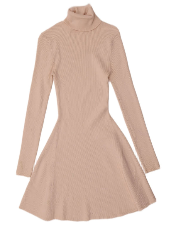 Zara Dame Roll Neck Langærmet Jumper Kjole UK 12 Medium Beige Viscose