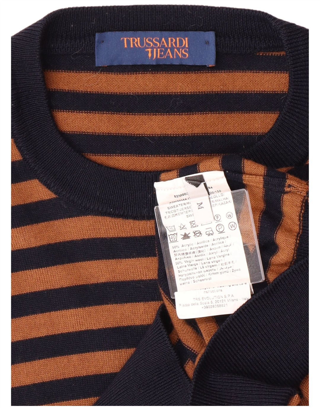 Trussardi Jeans Herre Crew Neck Jumper Sweater medium brun stribet akryl