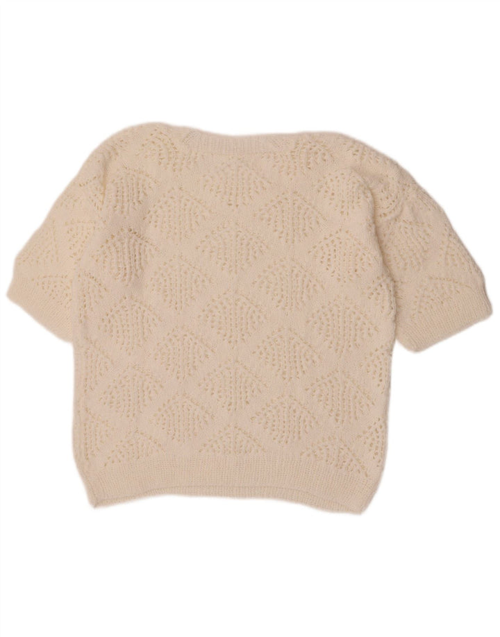 Vintage Dame Crop Crew Neck Jumper Sweater UK 14 Medium White