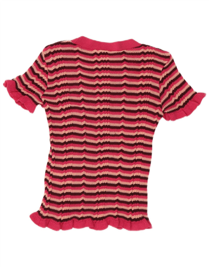 Zara Dame T-Shirt Top UK 8 Small Pink Stribet Polyester