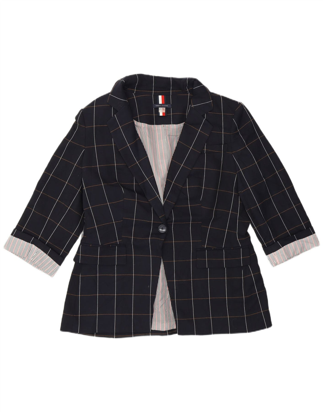 Tommy Hilfiger Womens 1 Button Blazer Jacket US 12 Large Navy Blue Check