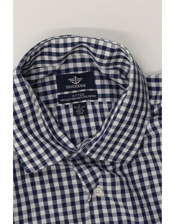DOCKERS Mens Fitted Shirt Size 16 1/2 Large Navy Blue Check Cotton Vintage Dockers and Second-Hand Dockers from Messina Hembry 