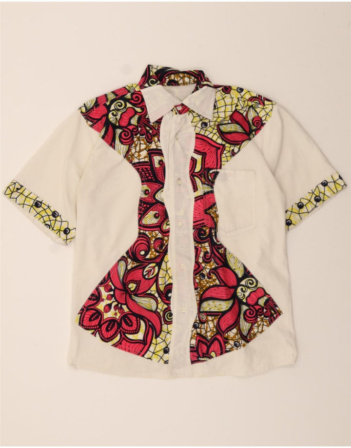 VINTAGE Mens Graphic Short Sleeve Shirt Large White Floral Vintage Vintage and Second-Hand Vintage from Messina Hembry 