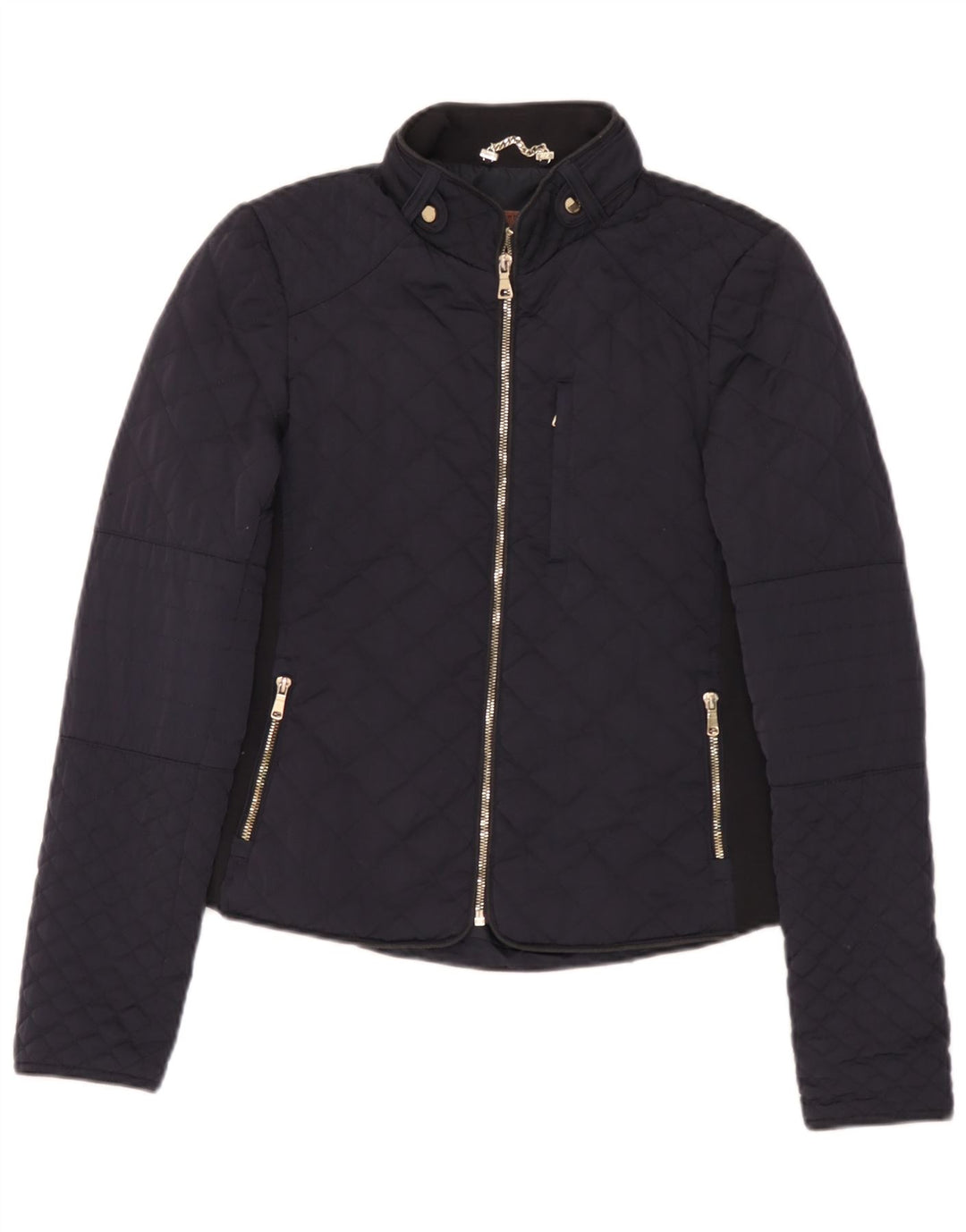 Zara Dame Quiltet Jakke UK 12 Medium Navy Blue Polyester