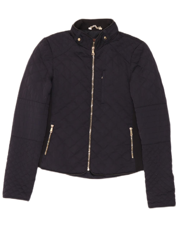 Zara Dame Quiltet Jakke UK 12 Medium Navy Blue Polyester