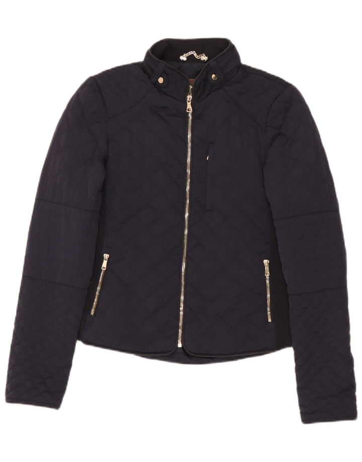 Zara Dame Quiltet Jakke UK 12 Medium Navy Blue Polyester