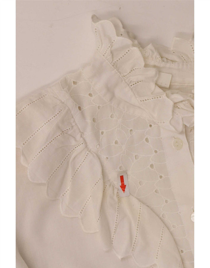 Vintage kvinders 3/4 ærmer flæse foran skjorte bluse UK 12 Medium White