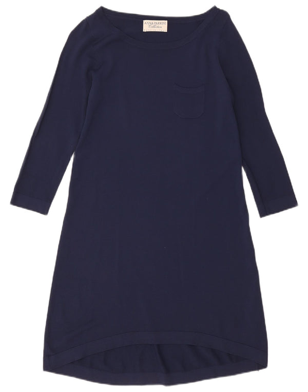 Vintage kvinders 3/4 ærmer A-line kjole UK 10 Small Navy Blue Viscose
