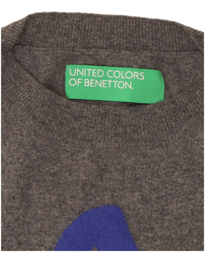 BENETTON Herre grafisk rund hals sweater mellemgrå blomster