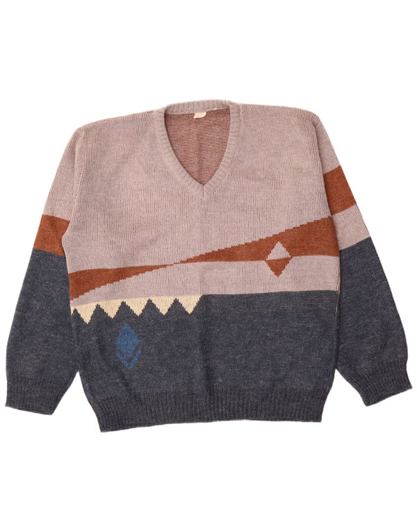 Vintage Herre V-hals sweater IT 56 XL Navy Blue Colourblock