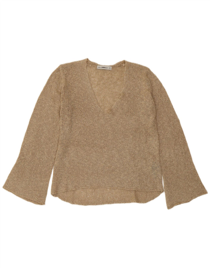 ZARA Dame V-hals sweater UK 10 Lille Beige Akryl