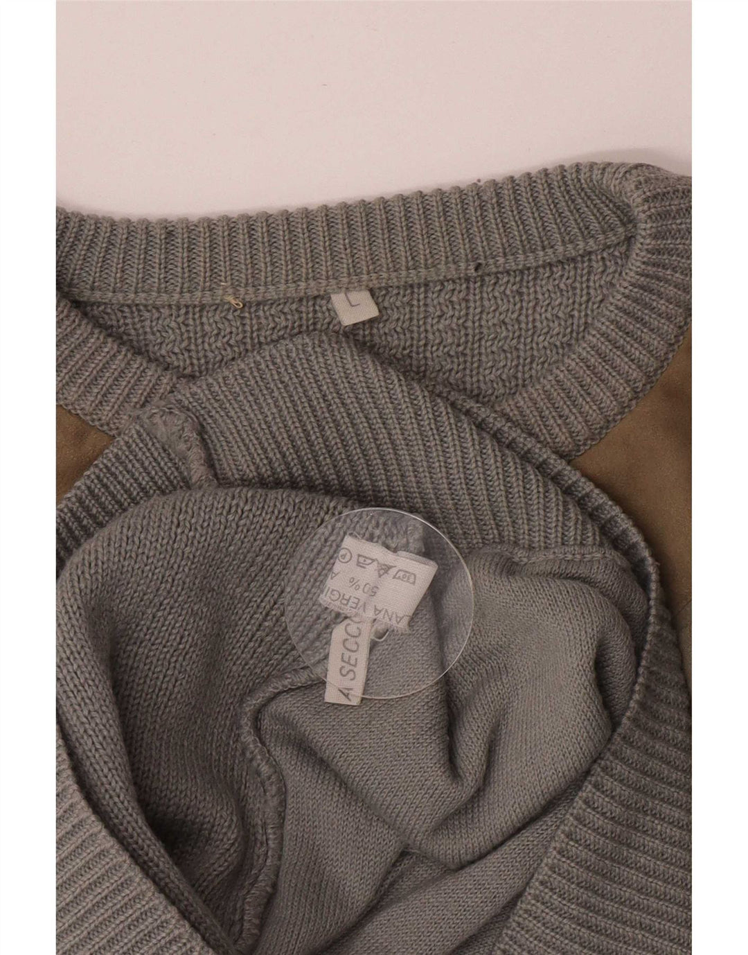 Vintage herre rund hals sweater stor grå colourblock uld