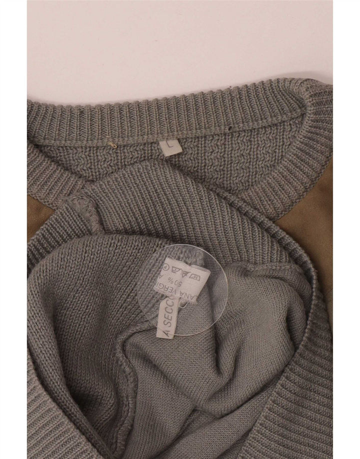 Vintage herre rund hals sweater stor grå colourblock uld
