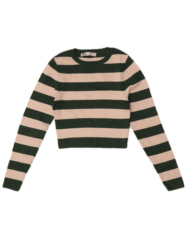 Zara Dame Crop Top Langærmet UK 12 Medium Grøn Stribet Viscose
