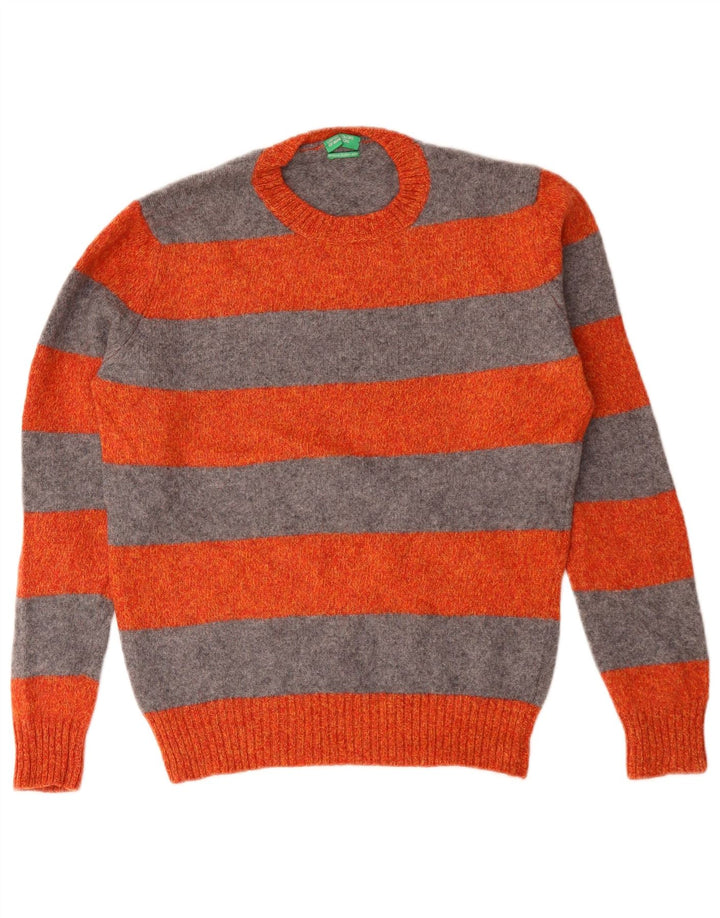 BENETTON Herre sweater med rund hals, lille orange stribet jomfruuld