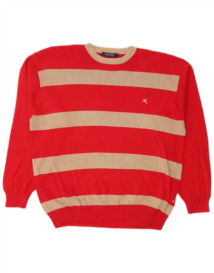 VINTAGE Mens Crew Neck Jumper Sweater Large Red Striped Cotton