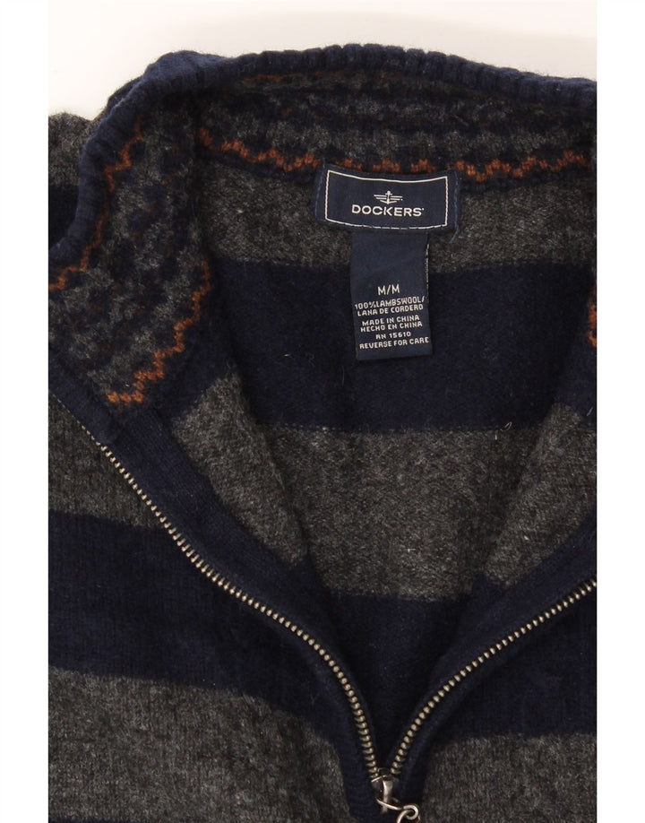 DOCKERS Womens Zip Neck Jumper Sweater UK 14 Medium Navy Blue Striped Vintage Dockers and Second-Hand Dockers from Messina Hembry 