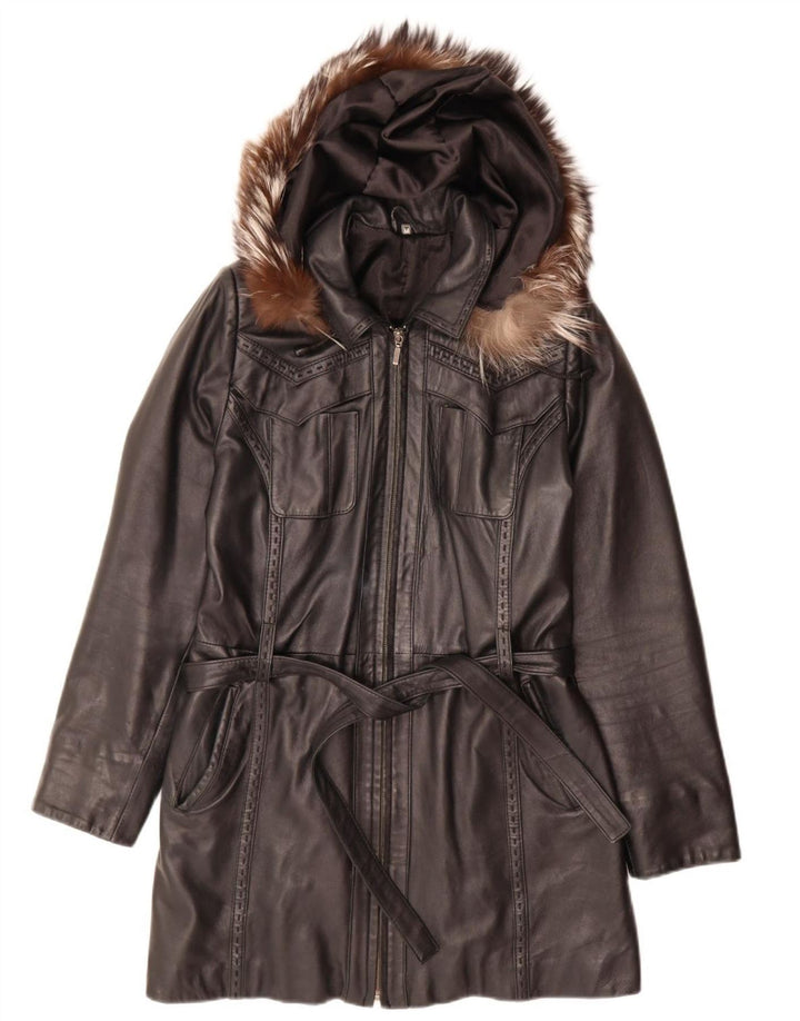 Vintage læderfrakke til kvinder med hætte UK 14 Medium Sort