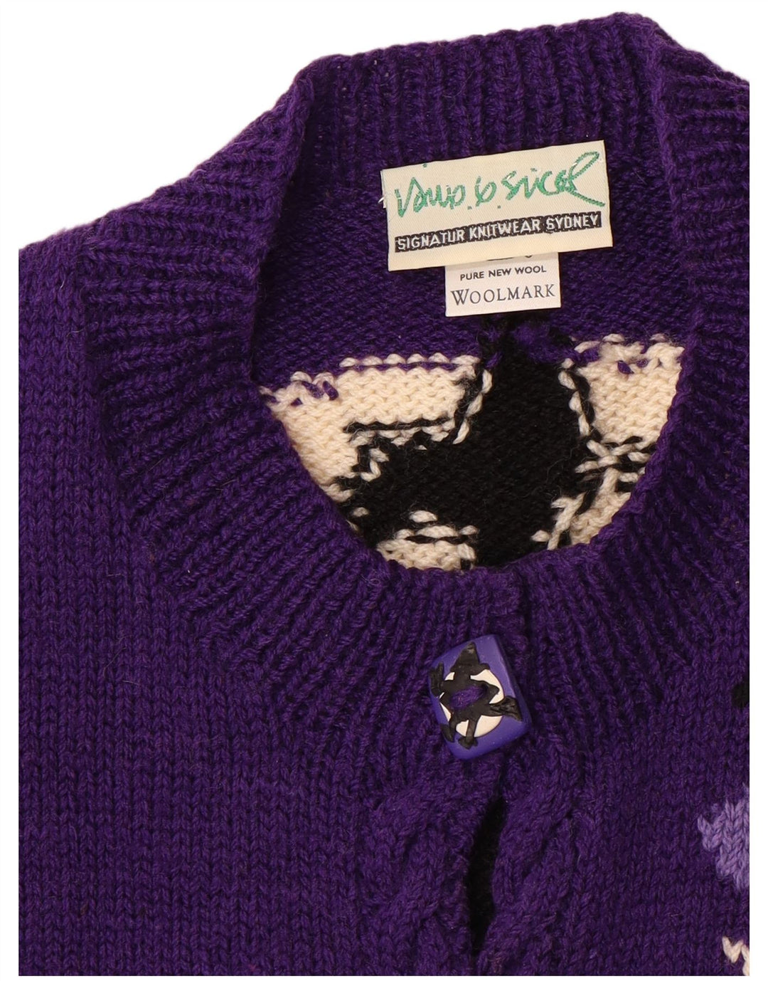 VINTAGE grafisk cardigan sweater til kvinder UK 20 2XL Lilla Colourblock Uld