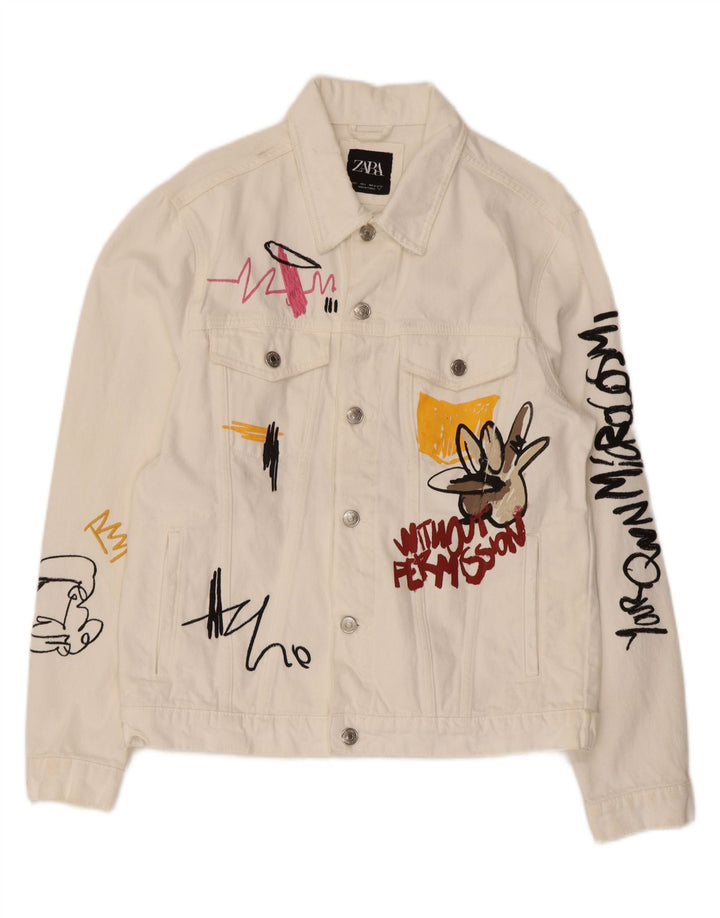 Zara Herre grafisk denimjakke UK 40 Stor hvid bomuld