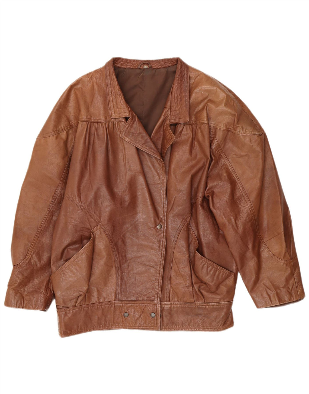 VINTAGE Womens Loose Fit Leather Jacket EU 40 Medium Brown Leather