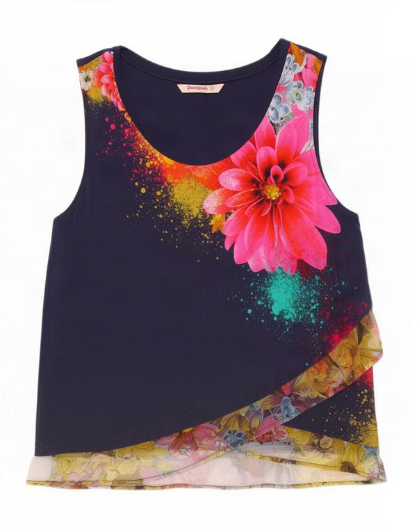 Desigual Womens Graphic Sleeveless Blouse Top UK 20 2XL Navy Blue Floral