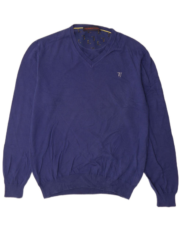 Trussardi Jeans Mens V-Neck Jumper Sweater XL Blue Cotton
