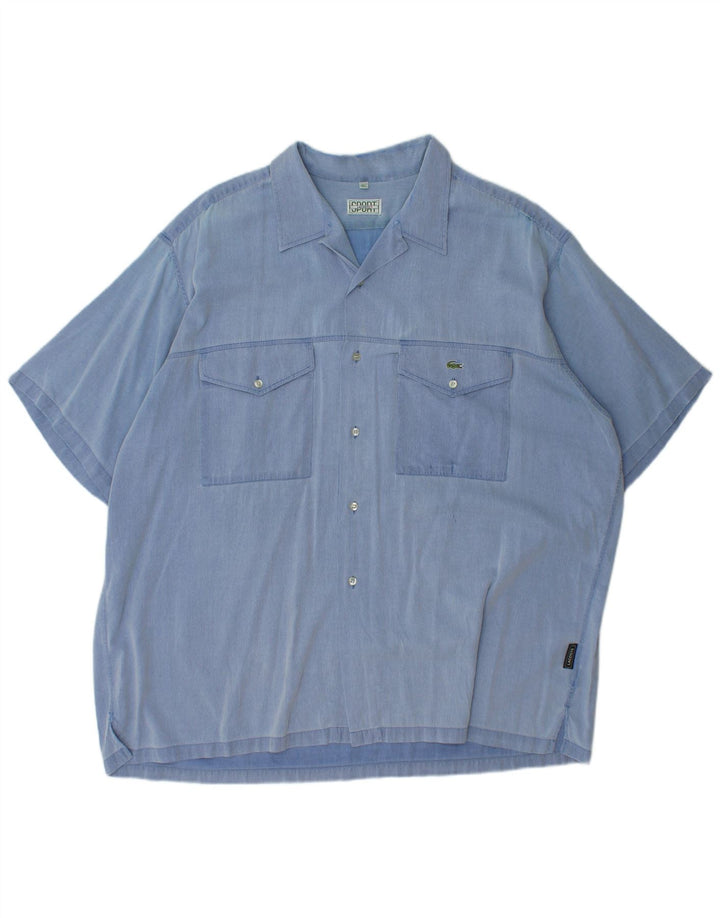 LACOSTE Kortærmet Herreskjorte Størrelse 45 XL Blå nålestribet bomuld