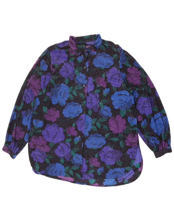 Vintage Dame Oversized Shirt Bluse UK 16 Large Blue Floral