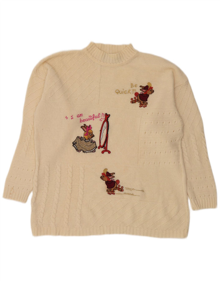 Vintage kvinders grafisk skildpaddehals sweater UK 14 Medium Off White
