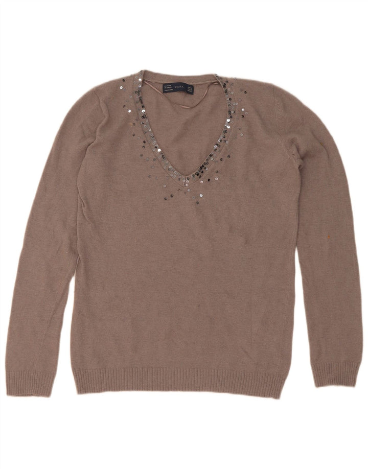 Zara Dame V-hals sweater UK 14 Medium Brun