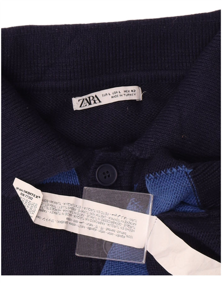 ZARA Herre polo-hals sweater stor blå ternet bomuld