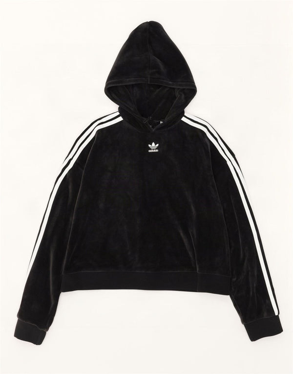 Adidas Womens Crop Velvet Oversized Hoodie Jumper UK 10 Small Black Bomuld
