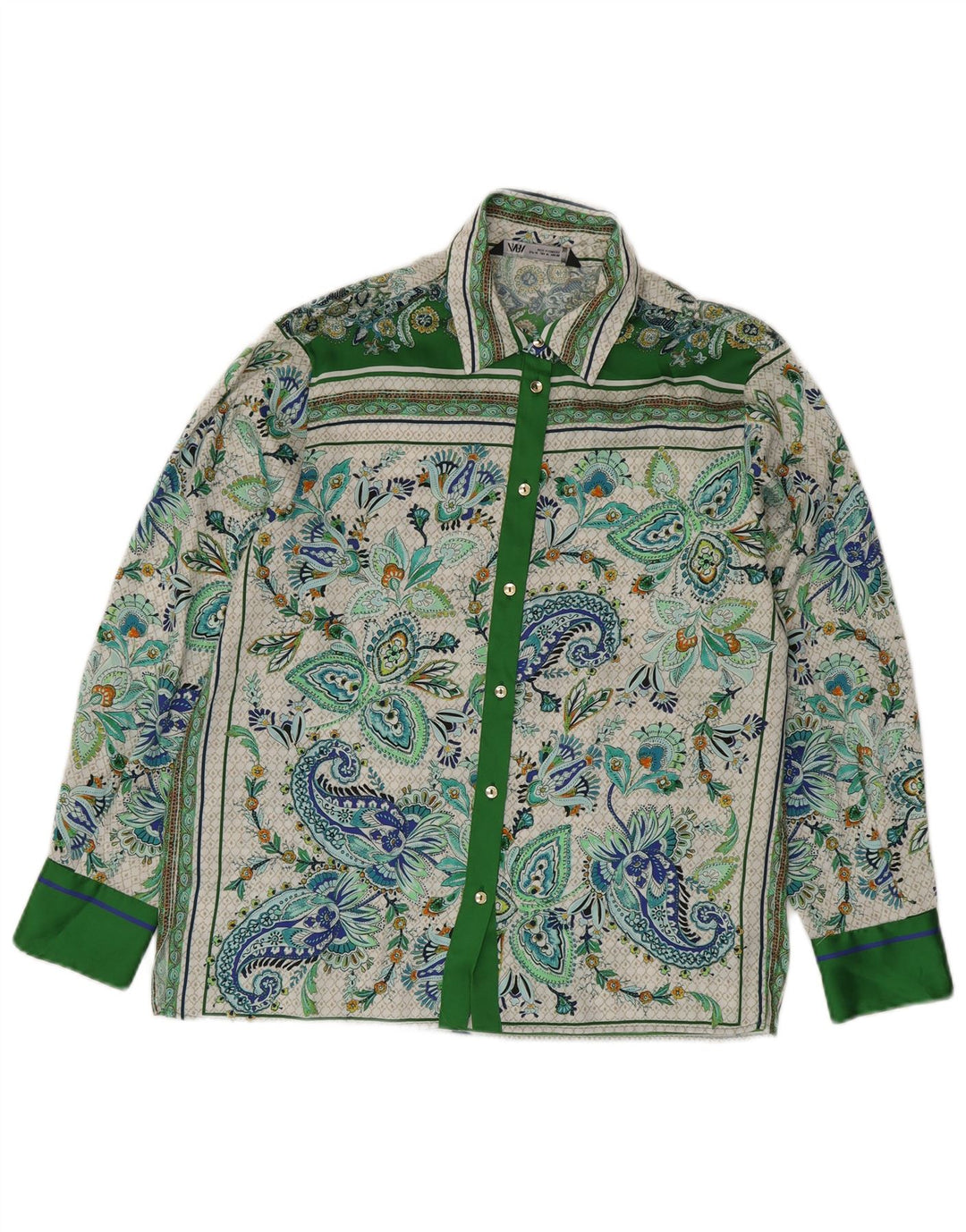 ZARA skjortebluse til kvinder UK 14 Medium Green Paisley Polyester