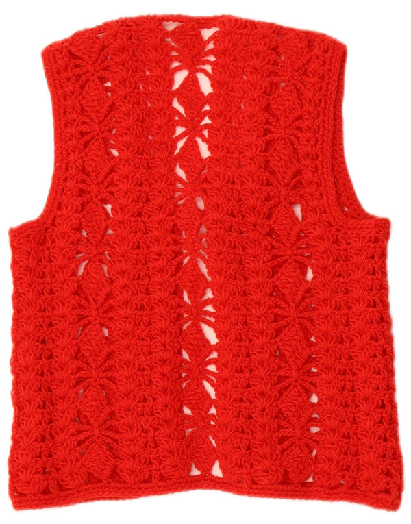 Vintage ærmeløs hæklet cardigan sweater til kvinder UK 10 Lille rød