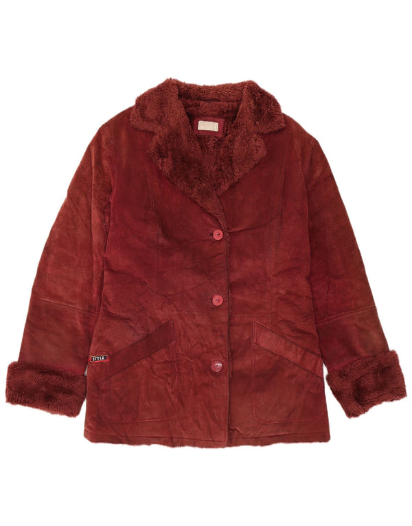 VINTAGE Sherpa Ruskindsjakke til kvinder UK 14 Medium Burgundy Læder