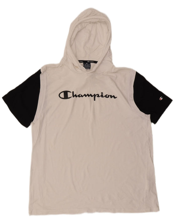 Champion Herre Hooded Grafisk T-Shirt Top 2XL Hvid Colourblock Bomuld