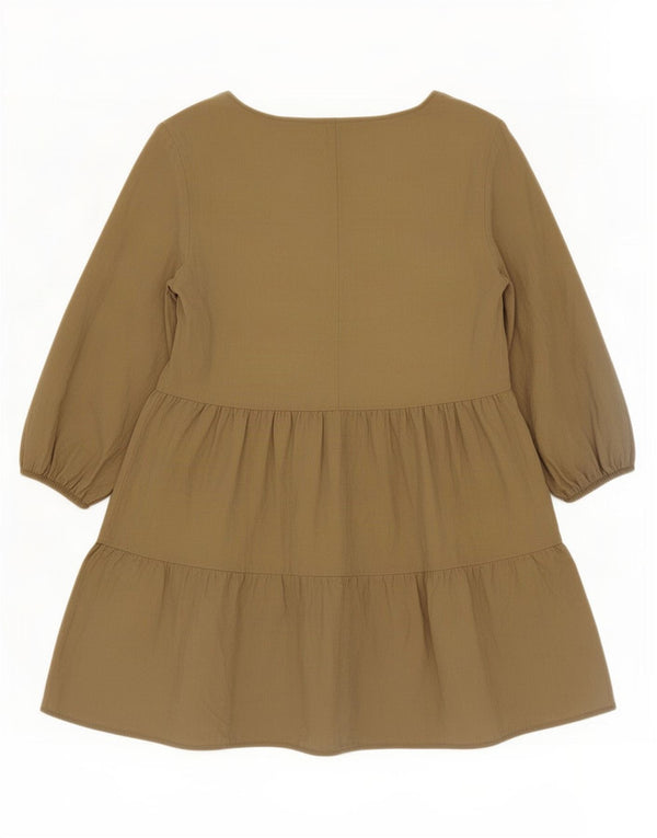 Zara Dame 3/4 ærmet Tiered Dress UK 16 Large Khaki Lyocell