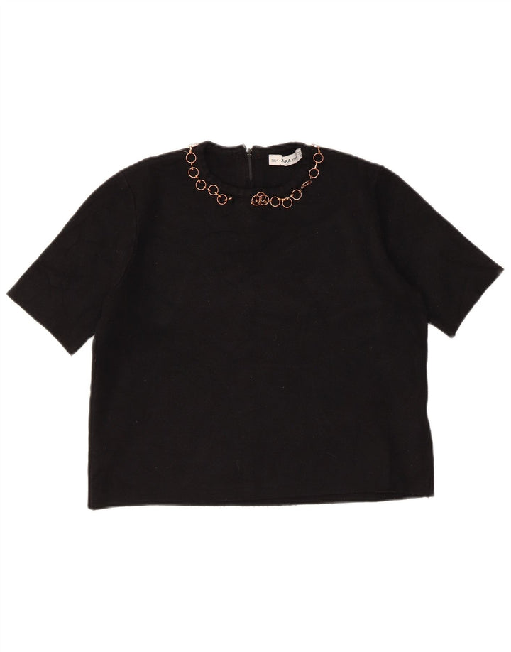 Zara Womens Crop Bluse Top UK 12 Medium Black Viscose