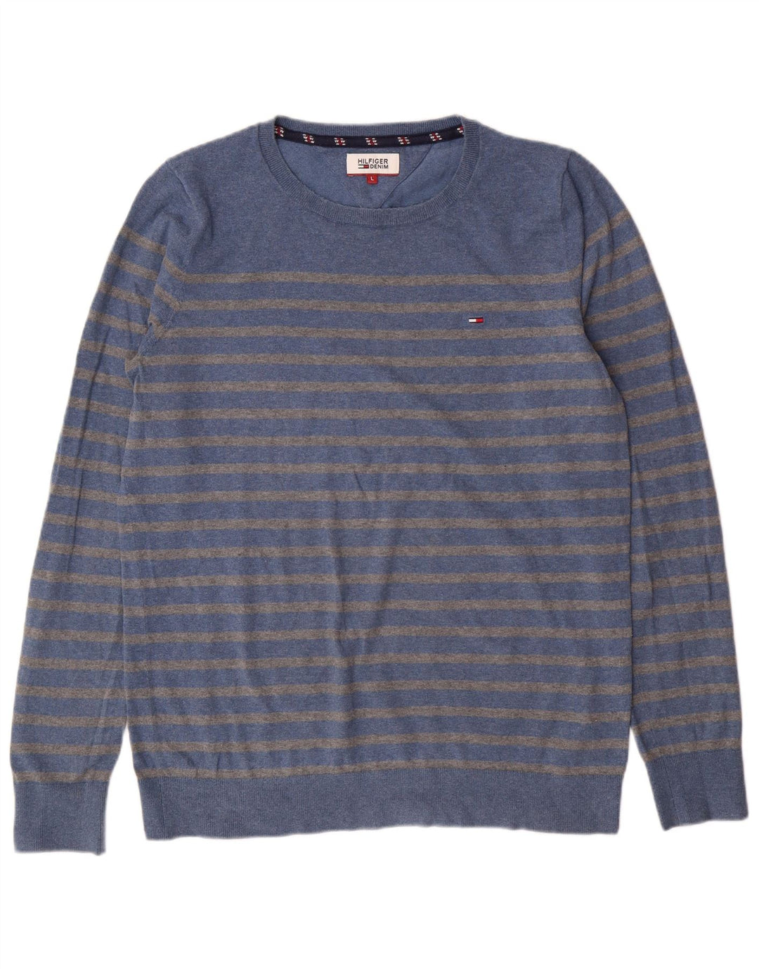 Tommy Hilfiger Herre Jumper Sweater med rund hals Stor blå stribet bomuld