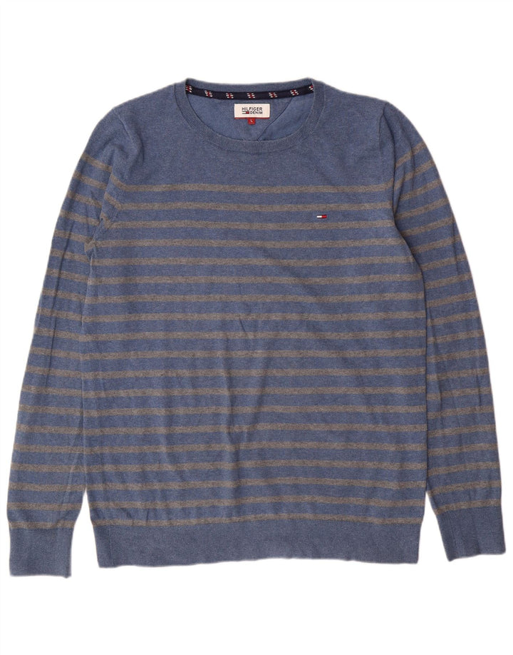 Tommy Hilfiger Herre Jumper Sweater med rund hals Stor blå stribet bomuld