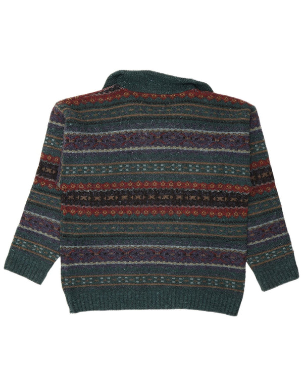 Fryday Mens Zip Neck Jumper Sweater IT 52 Large Green Fair Isle Wool