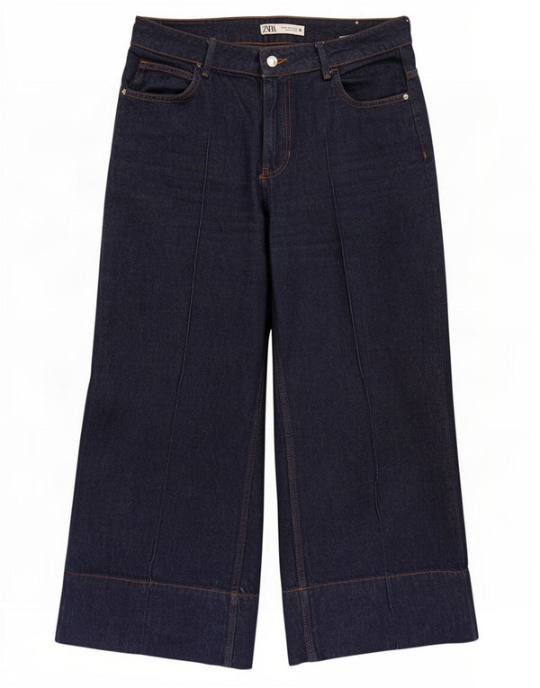 Zara Womens High Waist Crop Wide Leg Jeans EU 40 Medium W30 L25 Navy Blue