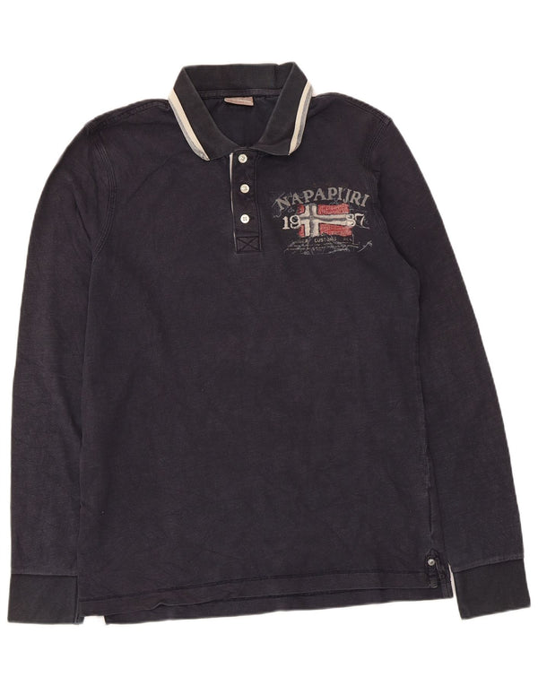 Napapijri Herre grafisk langærmet poloshirt Medium marineblå bomuld
