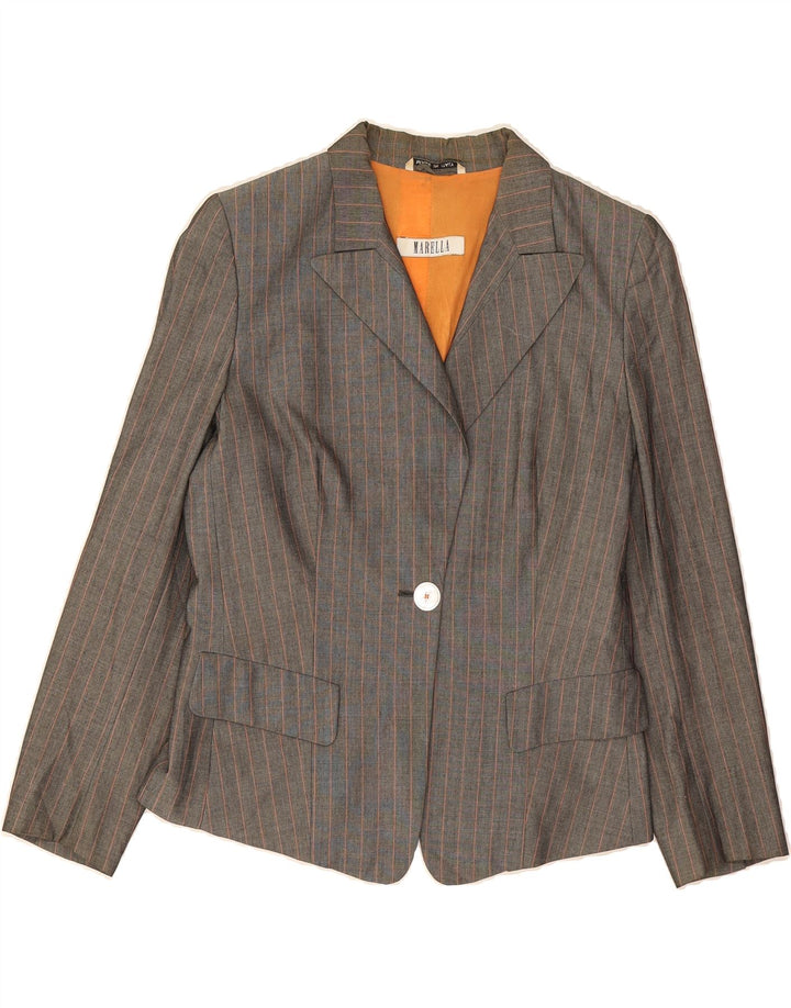 MARELLA Womens 1 Button Blazer Jacket UK 14 Large Grey Pinstripe Viscose Vintage Marella and Second-Hand Marella from Messina Hembry 